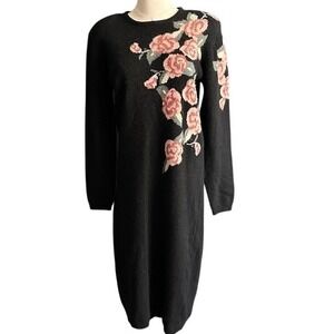 Vintage Outlander Black Angora Blend Floral Rose Knit Sweater Dress Medium